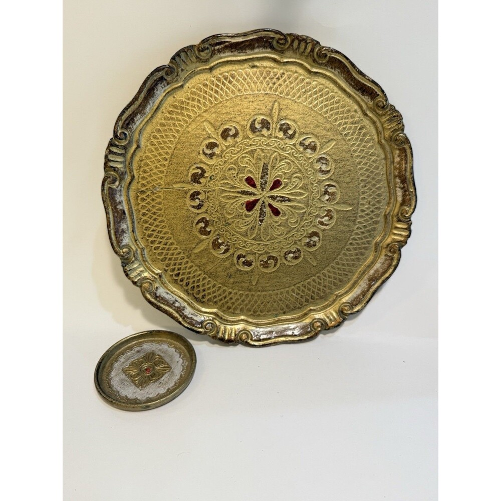Vtg Italian Gold Florentine Wood Serving Tray Red Blue Toleware 11" Hand painted - Picture 8 of 15